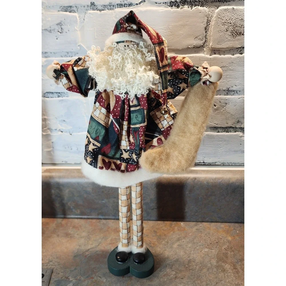 Vintage Handmade Folkart Farmhouse Santa made with fabric and wooden